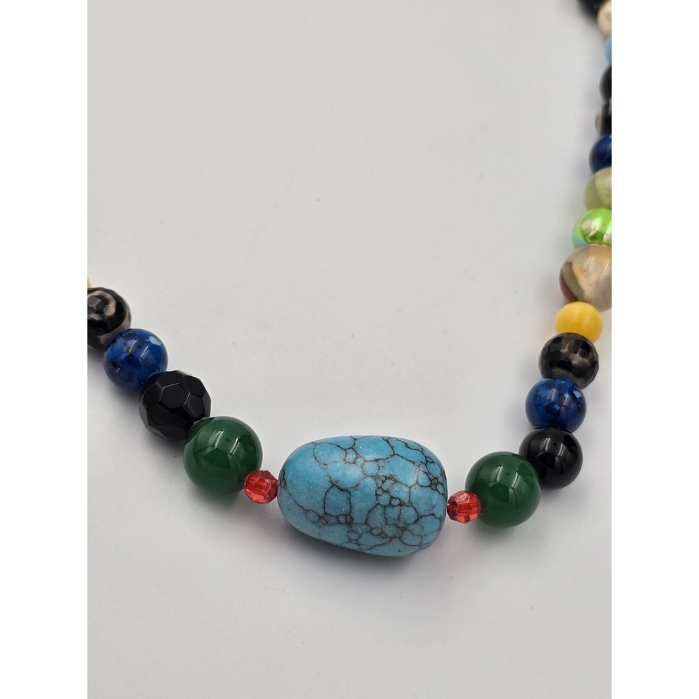 Colorful Multi Gem Stone Beaded Necklace Turquoise Style Center Bead - Picture 3 of 12